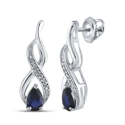 Sterling Silver Womens Pear Lab-Created Blue Sapphire Diamond Earrings 1/20 Cttw