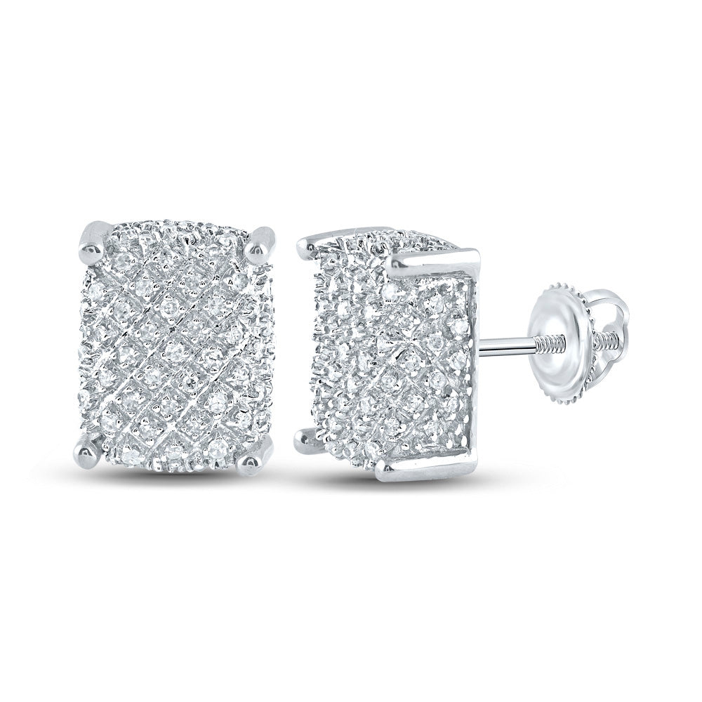 Goldini 10kt White Gold Mens Round Diamond Rectangle Cluster Earrings 1/3 Cttw
