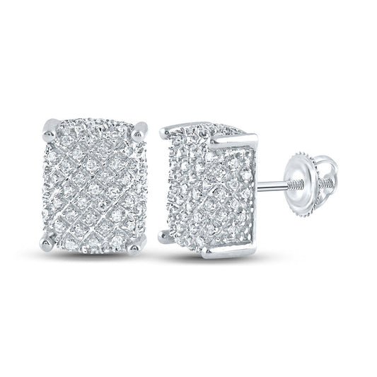 Goldini 10kt White Gold Mens Round Diamond Rectangle Cluster Earrings 1/3 Cttw