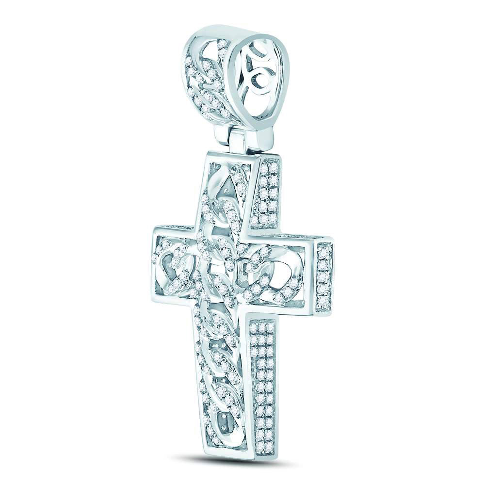 Goldini 10kt White Gold Mens Round Diamond Curb Link Cross Charm Pendant 5/8 Cttw