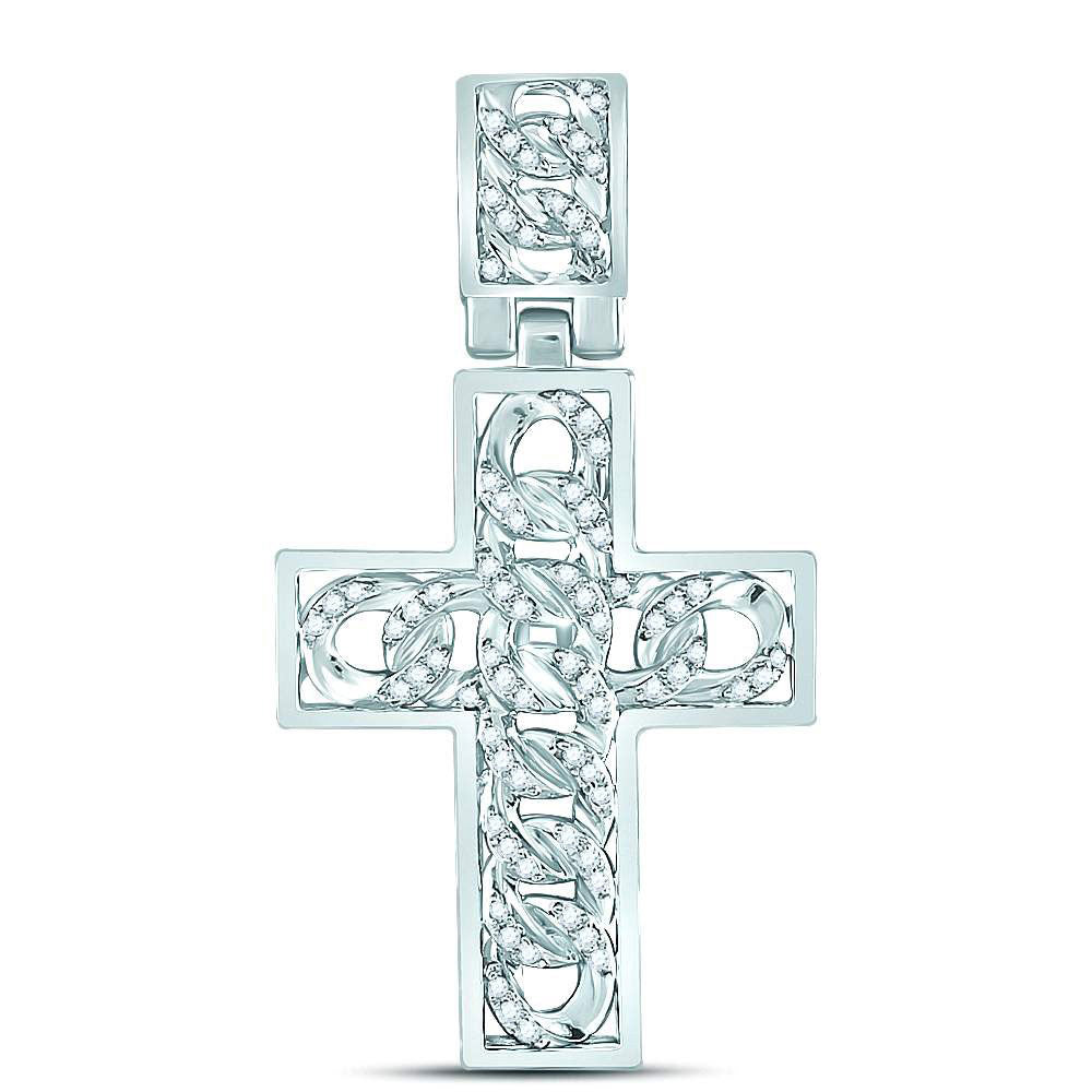 Goldini 10kt White Gold Mens Round Diamond Curb Link Cross Charm Pendant 5/8 Cttw