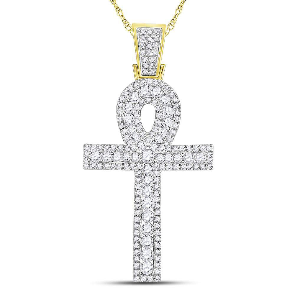 Goldini 10kt Yellow Gold Mens Round Diamond Ankh Cross Charm Pendant 1 Cttw