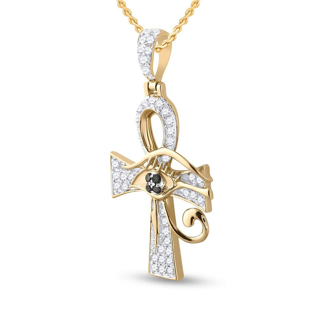 Goldini 10kt Yellow Gold Mens Round Black Color Enhanced Diamond Ankh Cross Charm Pendant 1/2 Cttw