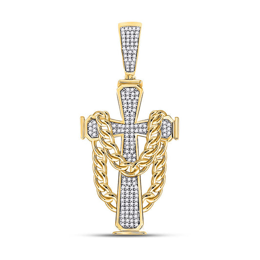 Goldini 10kt Yellow Gold Mens Round Diamond Cross Cuban Link Charm Pendant 3/8 Cttw