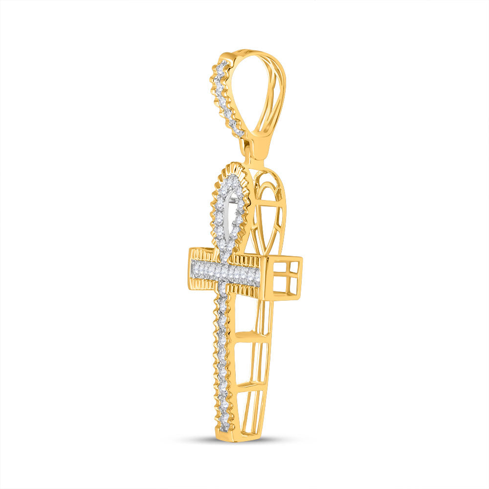Goldini 10kt Yellow Gold Mens Round Diamond Ankh Cross Charm Pendant 1 Cttw