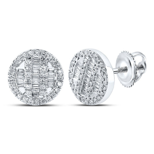 Goldini 10kt White Gold Mens Baguette Diamond Circle Cluster Earrings 1/3 Cttw