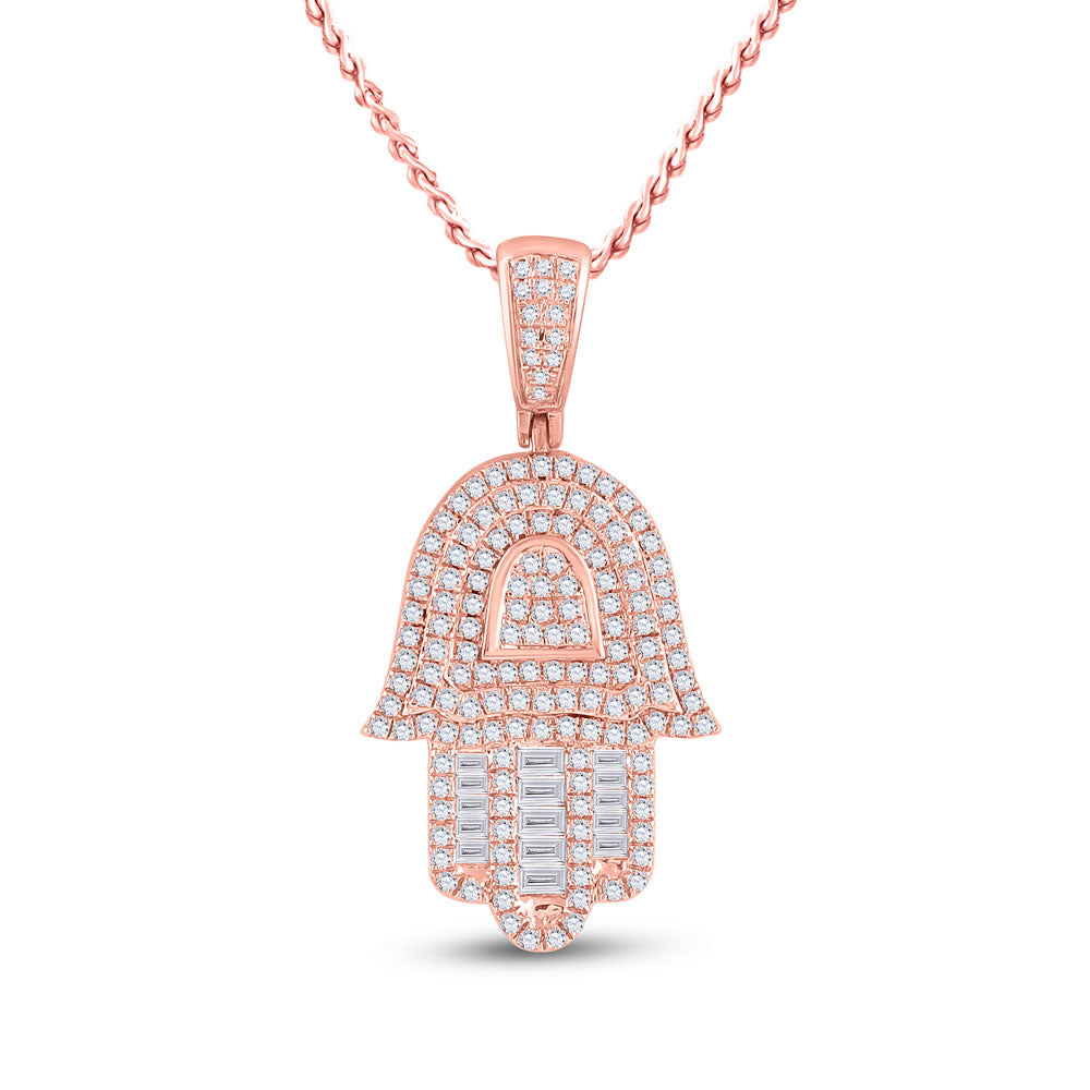 Goldini 10kt Rose Gold Mens Baguette Diamond Hamsa Hand Charm Pendant 3/4 Cttw