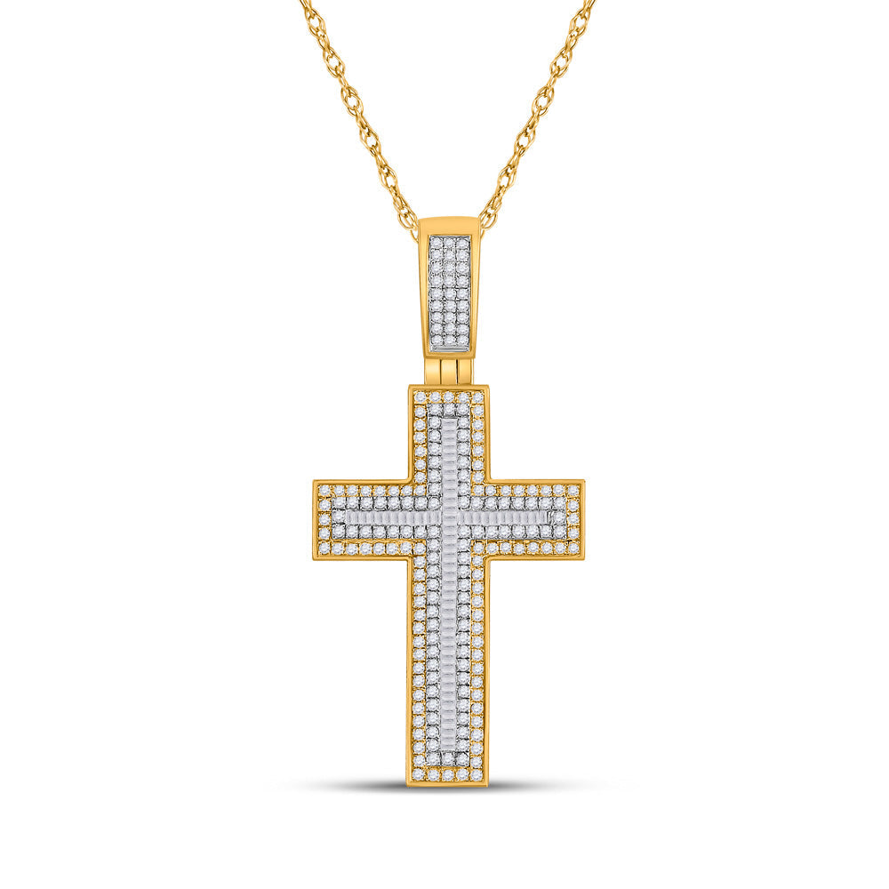 Goldini 10kt Yellow Gold Mens Baguette Diamond Cross Charm Pendant 1-1/2 Cttw