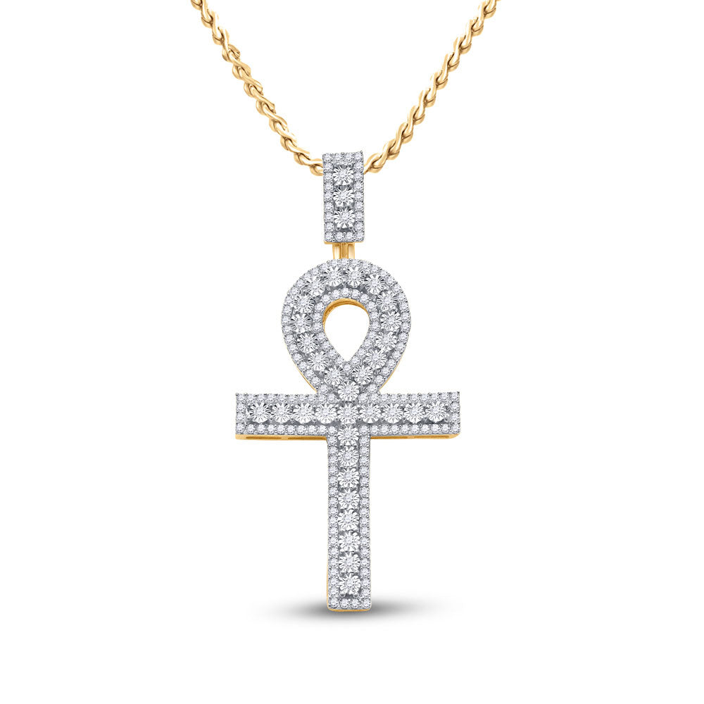 Goldini 10kt Yellow Gold Mens Round Diamond Ankh Cross Charm Pendant 1 Cttw
