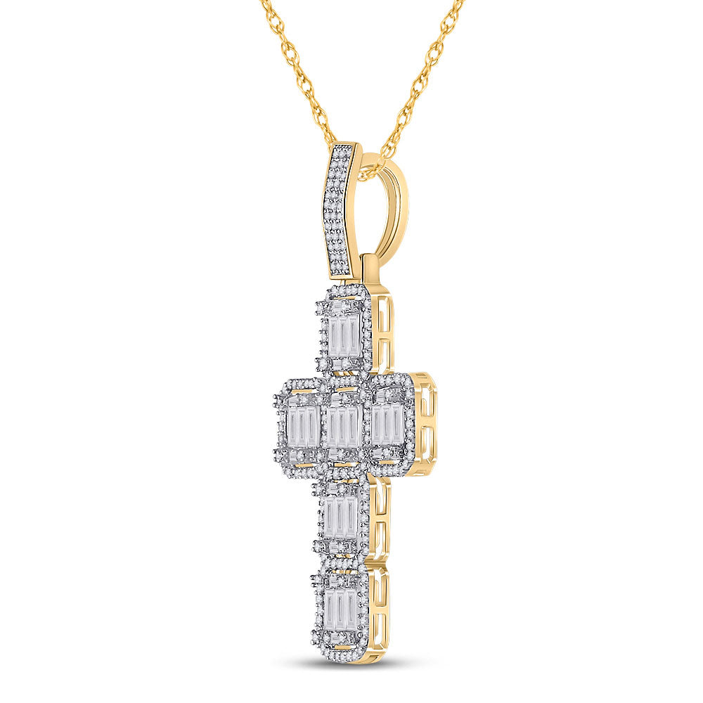 Goldini 10kt Yellow Gold Mens Baguette Diamond Cross Charm Pendant 1-7/8 Cttw