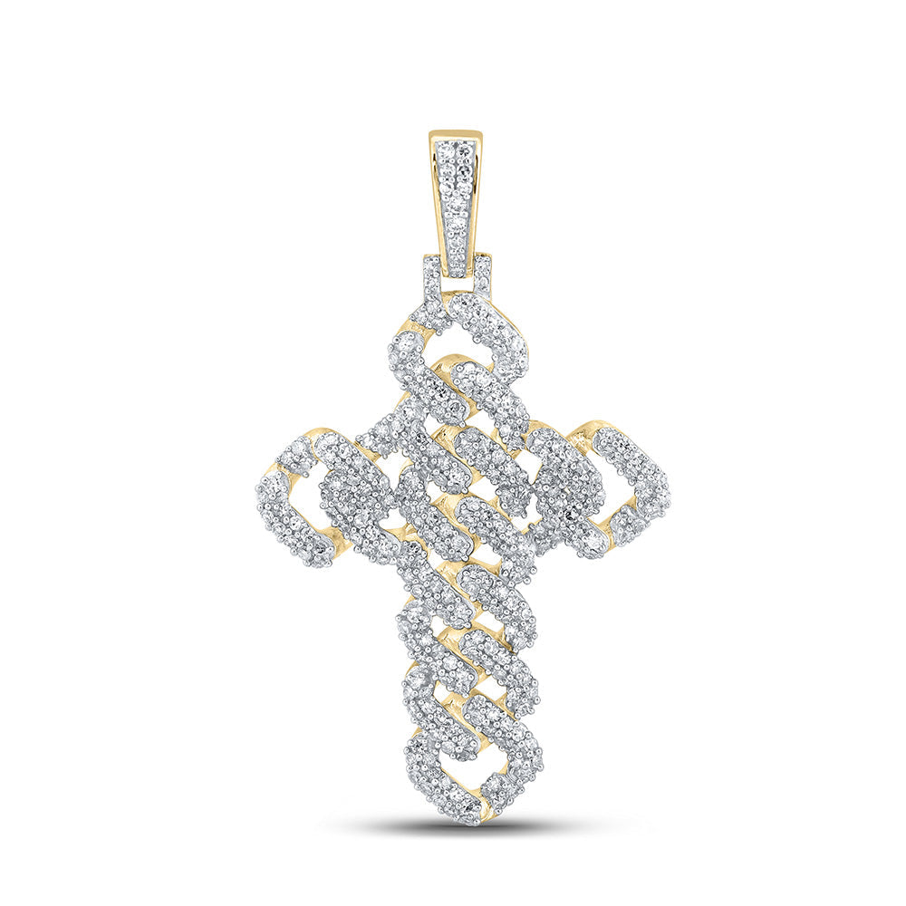 Goldini 10kt Yellow Gold Mens Round Diamond Cuban Link Cross Charm Pendant 1-3/4 Cttw