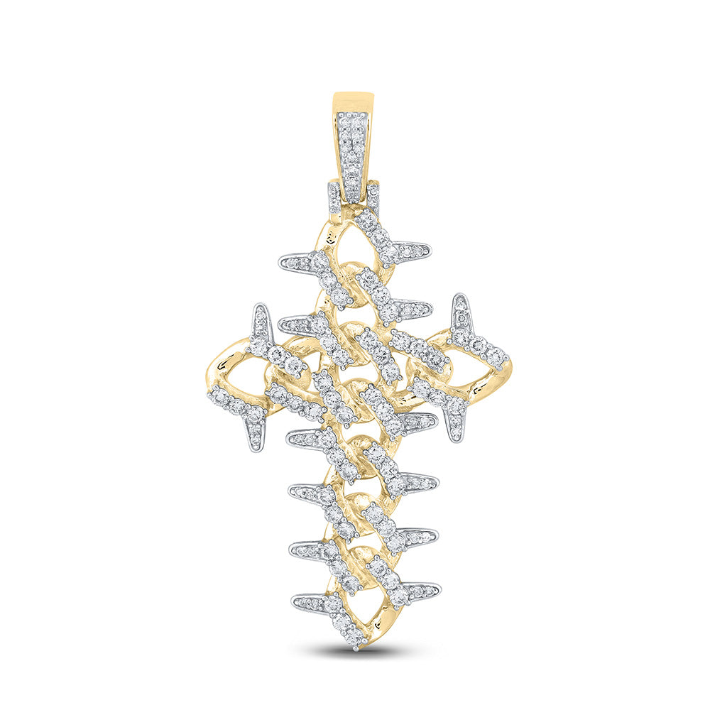 Goldini 10kt Yellow Gold Mens Round Diamond Cuban Link Cross Charm Pendant 1-1/2 Cttw