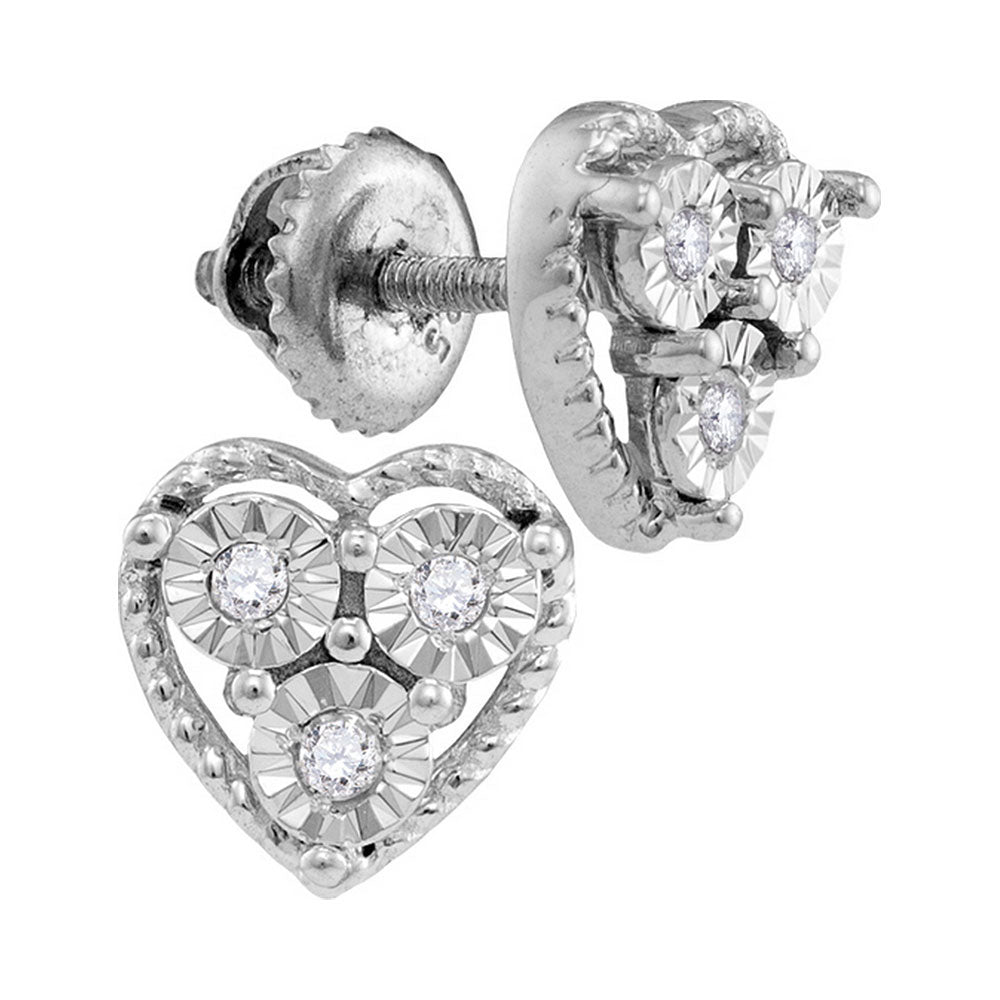 Sterling Silver Womens Round Diamond Heart Earrings 1/20 Cttw