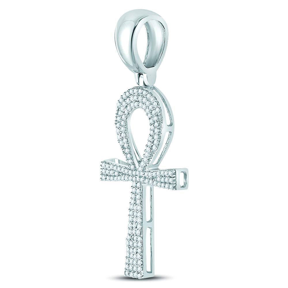 Goldini 10kt White Gold Mens Round Diamond Ankh Cross Charm Pendant 1/2 Cttw
