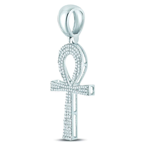 Goldini 10kt White Gold Mens Round Diamond Ankh Cross Charm Pendant 1/2 Cttw
