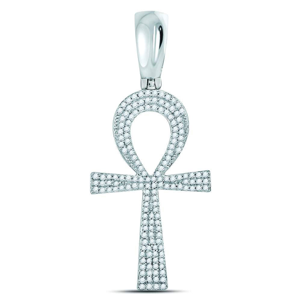 Goldini 10kt White Gold Mens Round Diamond Ankh Cross Charm Pendant 1/2 Cttw
