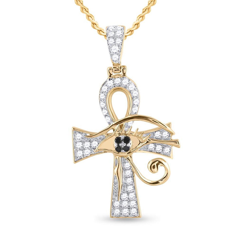 Goldini 10kt Yellow Gold Mens Round Black Color Enhanced Diamond Ankh Cross Charm Pendant 1/2 Cttw