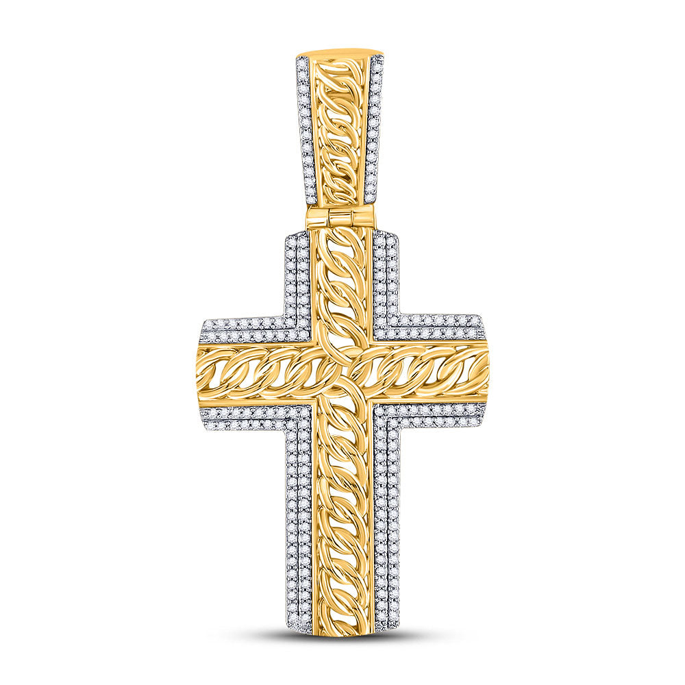 Goldini 10kt Yellow Gold Mens Round Diamond Curb Link Cross Charm Pendant 1/2 Cttw