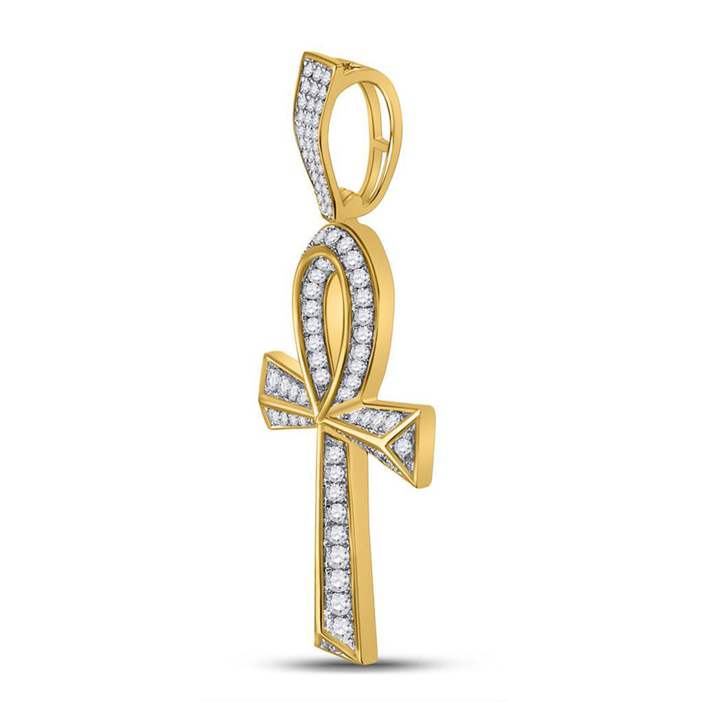 Goldini 10kt Yellow Gold Mens Round Diamond Ankh Cross Charm Pendant 1-3/4 Cttw