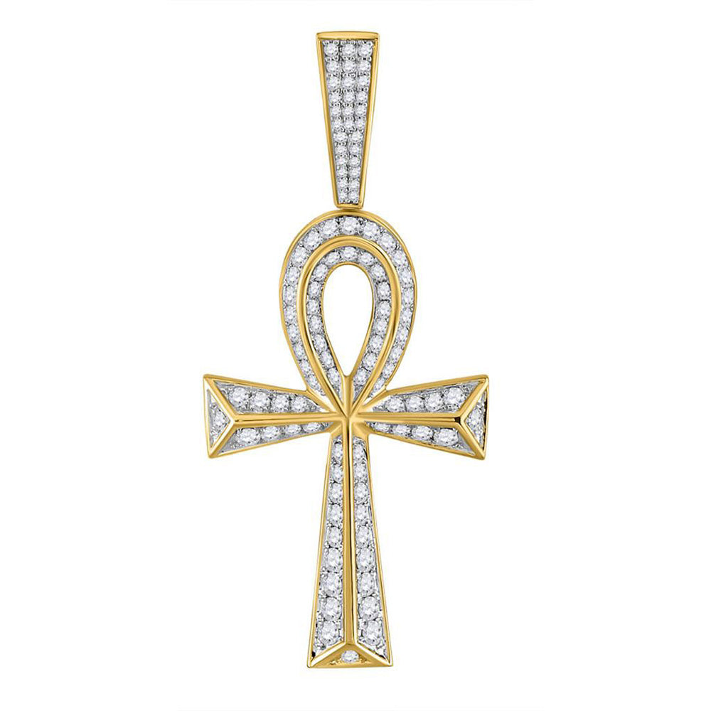 Goldini 10kt Yellow Gold Mens Round Diamond Ankh Cross Charm Pendant 1-3/4 Cttw