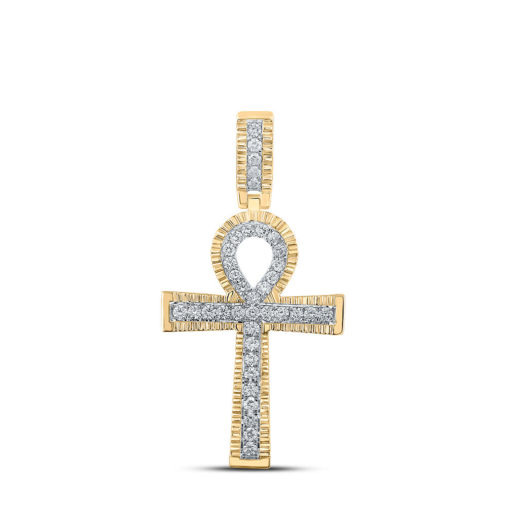 Goldini 10kt Yellow Gold Mens Round Diamond Ankh Cross Charm Pendant 1 Cttw