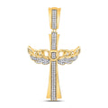 Goldini 10kt Yellow Gold Mens Round Diamond Angel Wing Cuban Link Cross Charm Pendant 3/8 Cttw
