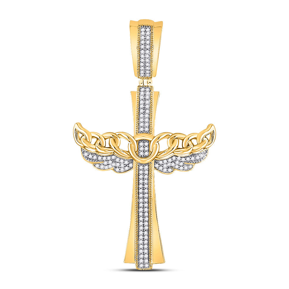 Goldini 10kt Yellow Gold Mens Round Diamond Angel Wing Cuban Link Cross Charm Pendant 3/8 Cttw