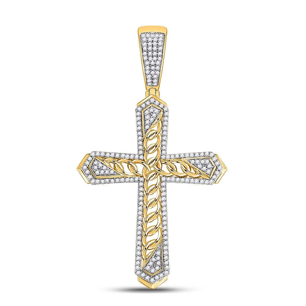 Goldini 10kt Yellow Gold Mens Round Diamond Cuban Link Cross Charm Pendant 1/2 Cttw