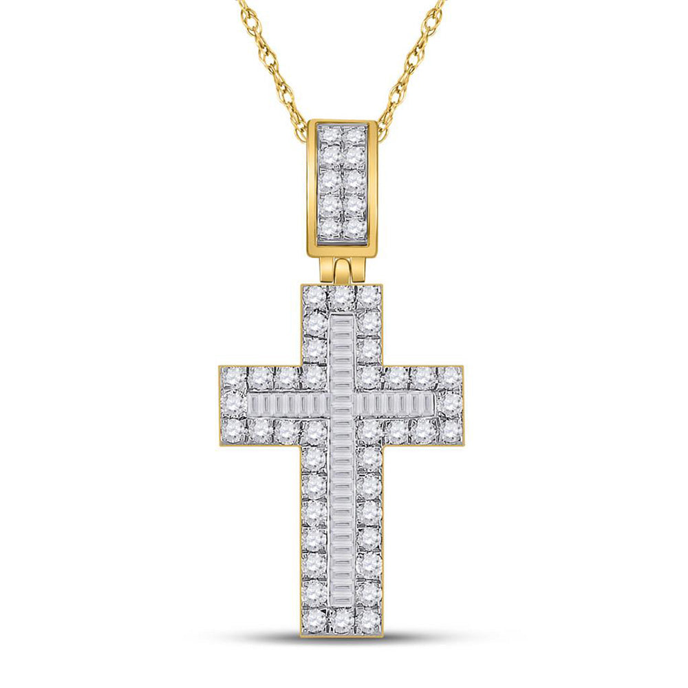 Goldini 10kt Yellow Gold Mens Baguette Diamond Cross Charm Pendant 1-5/8 Cttw