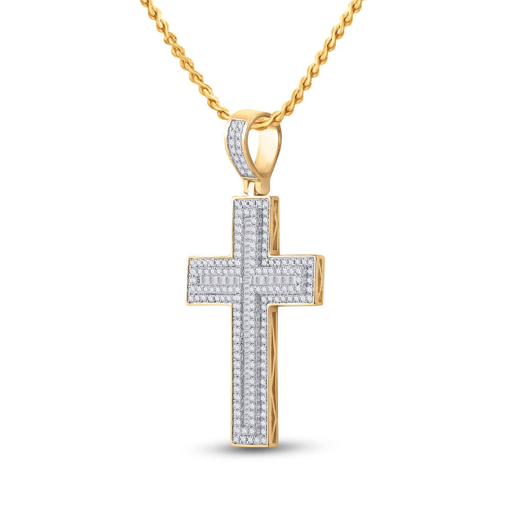 Goldini 10kt Yellow Gold Mens Baguette Diamond Cross Charm Pendant 2-3/4 Cttw