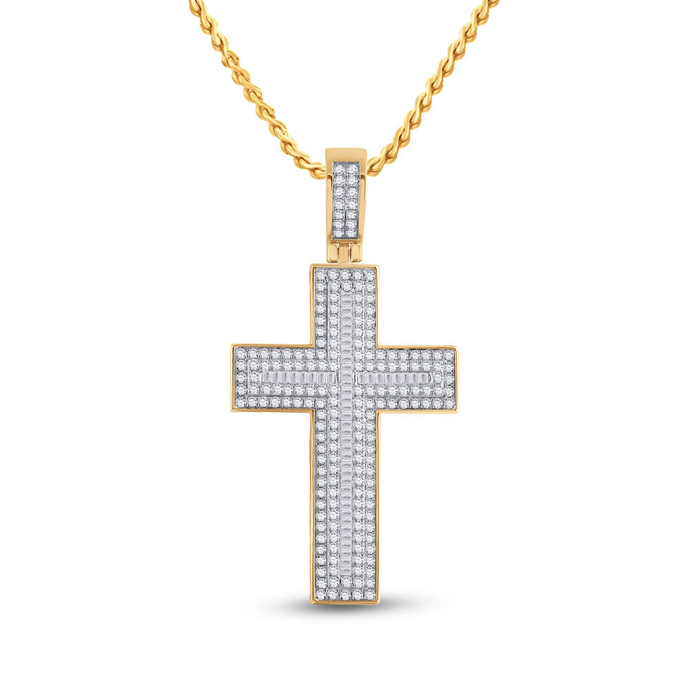 Goldini 10kt Yellow Gold Mens Baguette Diamond Cross Charm Pendant 2-3/4 Cttw