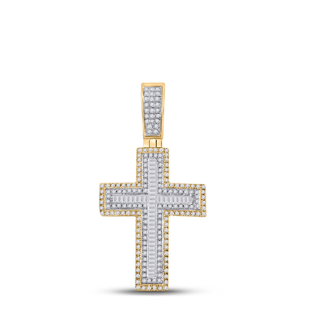 Goldini 10kt Yellow Gold Mens Baguette Diamond Cross Charm Pendant 7/8 Cttw