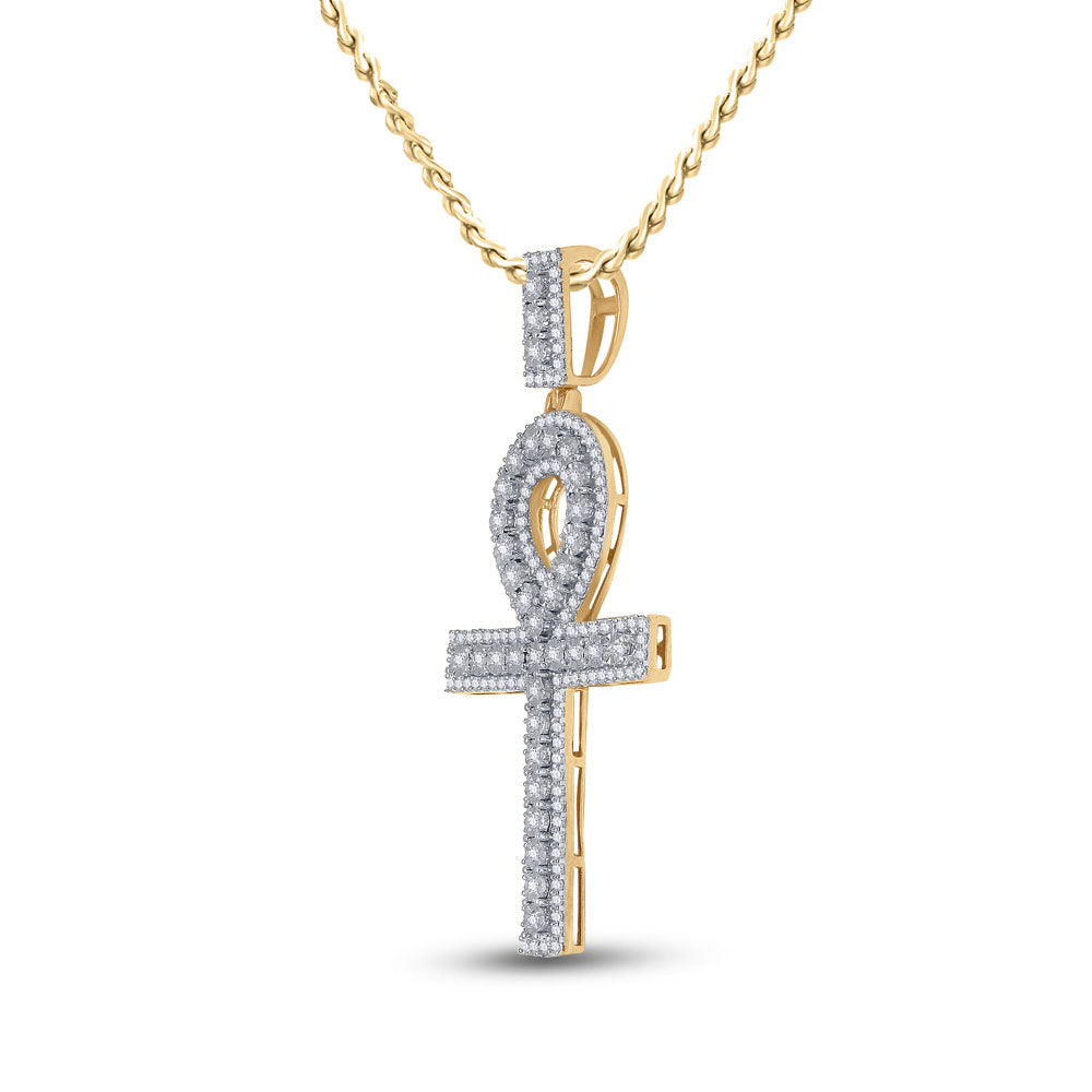 Goldini 10kt Yellow Gold Mens Round Diamond Ankh Cross Charm Pendant 1 Cttw