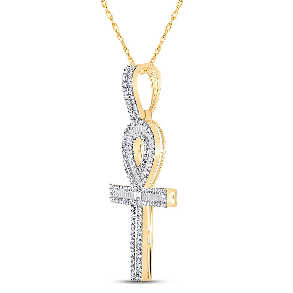 Goldini 10kt Yellow Gold Mens Baguette Diamond Ankh Cross Charm Pendant 1-5/8 Cttw