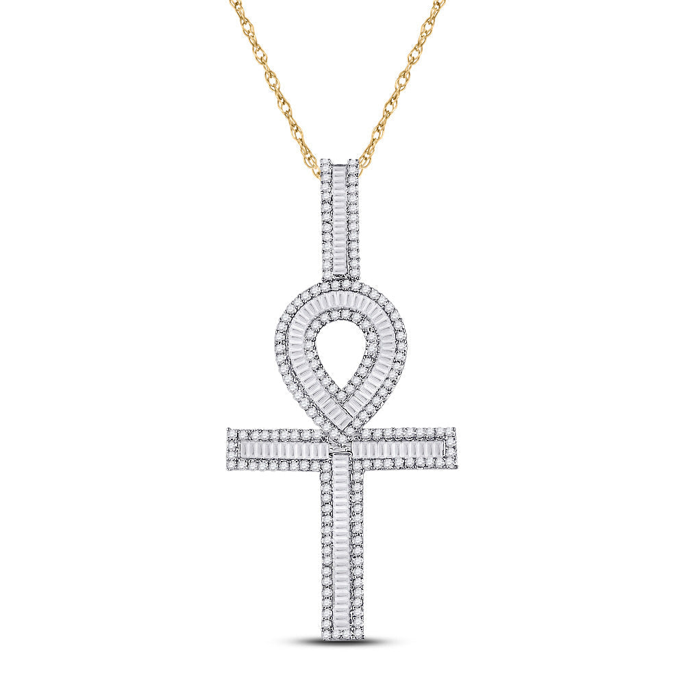 Goldini 10kt Yellow Gold Mens Baguette Diamond Ankh Cross Charm Pendant 1-5/8 Cttw