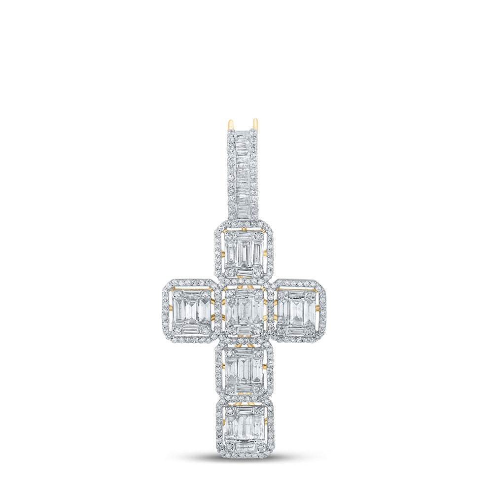 Goldini 10kt Yellow Gold Mens Baguette Diamond Cross Charm Pendant 1-7/8 Cttw