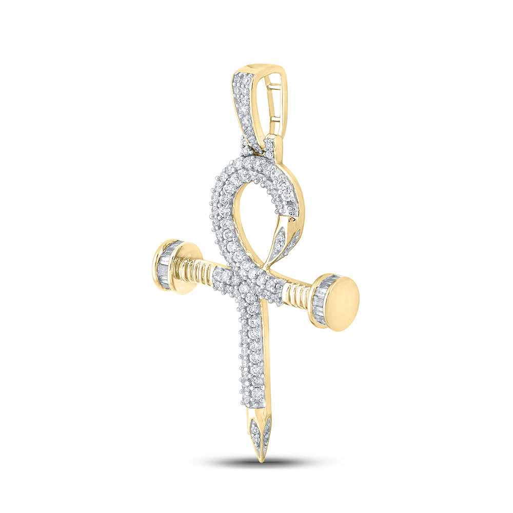 Goldini 10kt Yellow Gold Mens Baguette Diamond Ankh Nail Cross Charm Pendant 1 Cttw