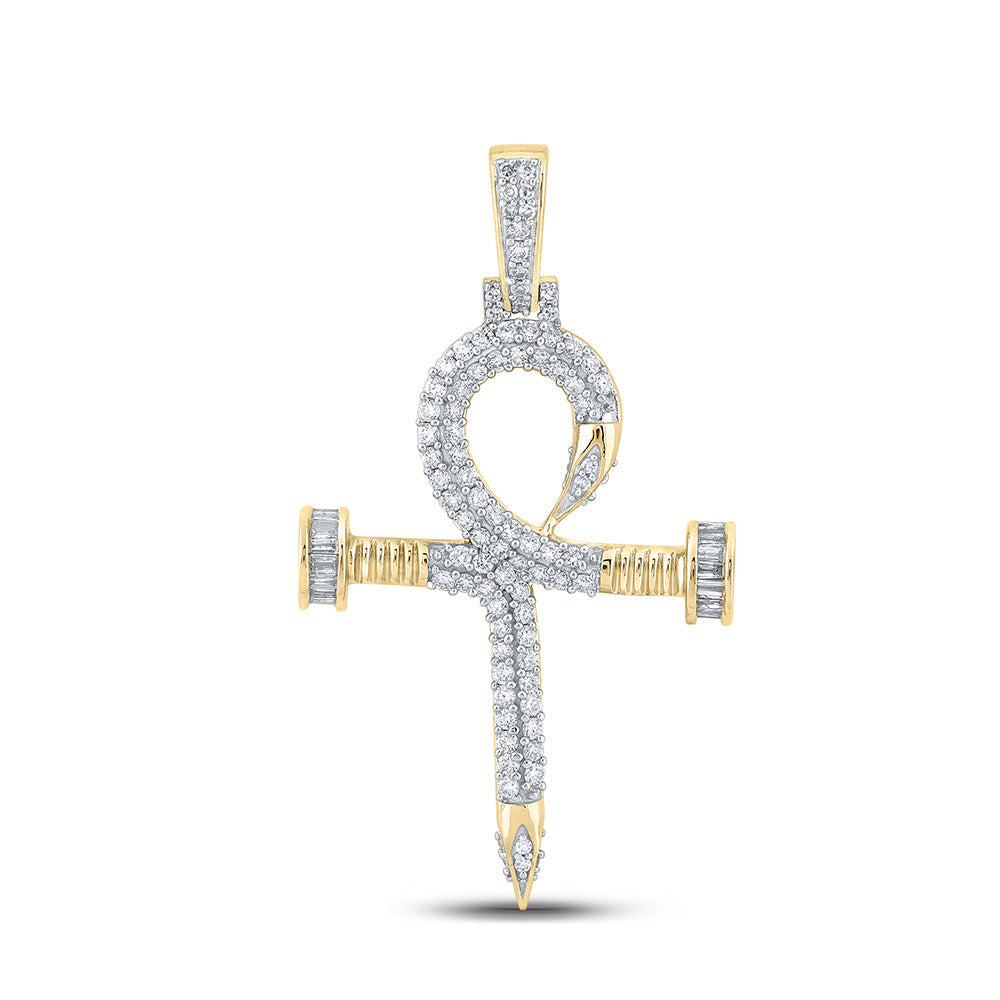 Goldini 10kt Yellow Gold Mens Baguette Diamond Ankh Nail Cross Charm Pendant 1 Cttw