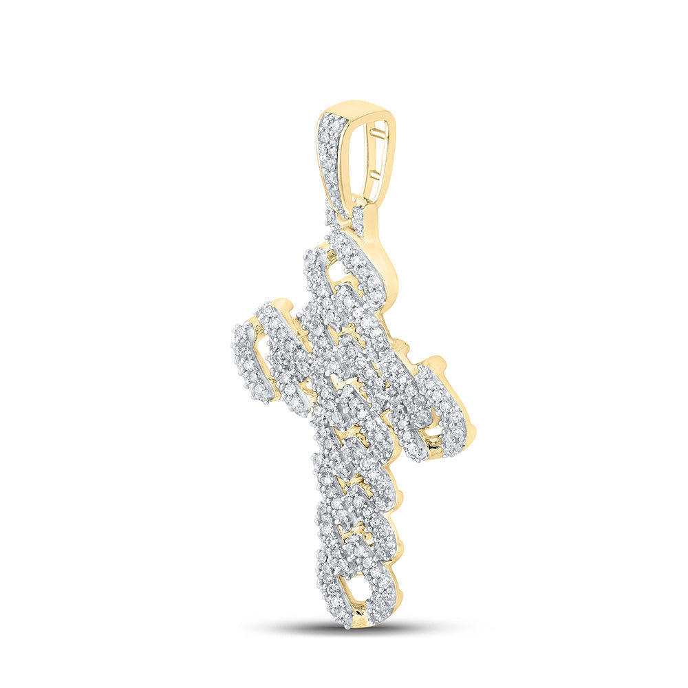 Goldini 10kt Yellow Gold Mens Round Diamond Cuban Link Cross Charm Pendant 1-3/4 Cttw