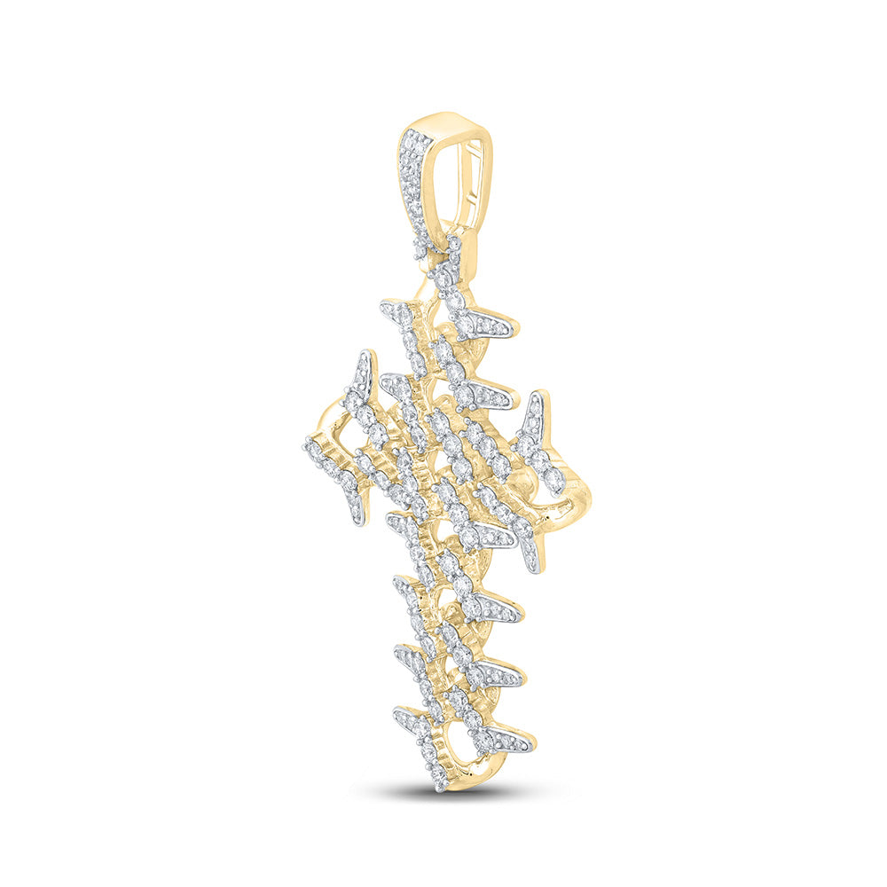 Goldini 10kt Yellow Gold Mens Round Diamond Cuban Link Cross Charm Pendant 1-1/2 Cttw