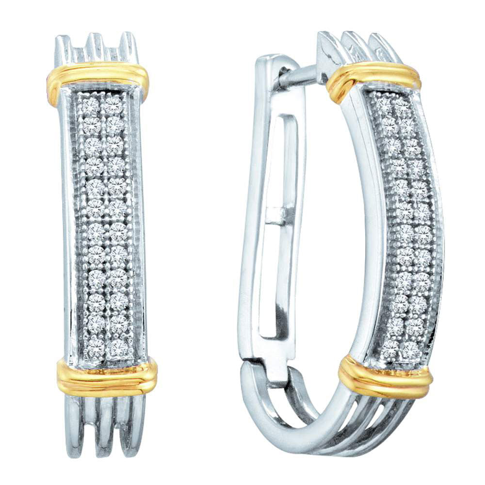 Two-tone Sterling Silver Womens Round Diamond Oblong Hoop Earrings 1/6 Cttw