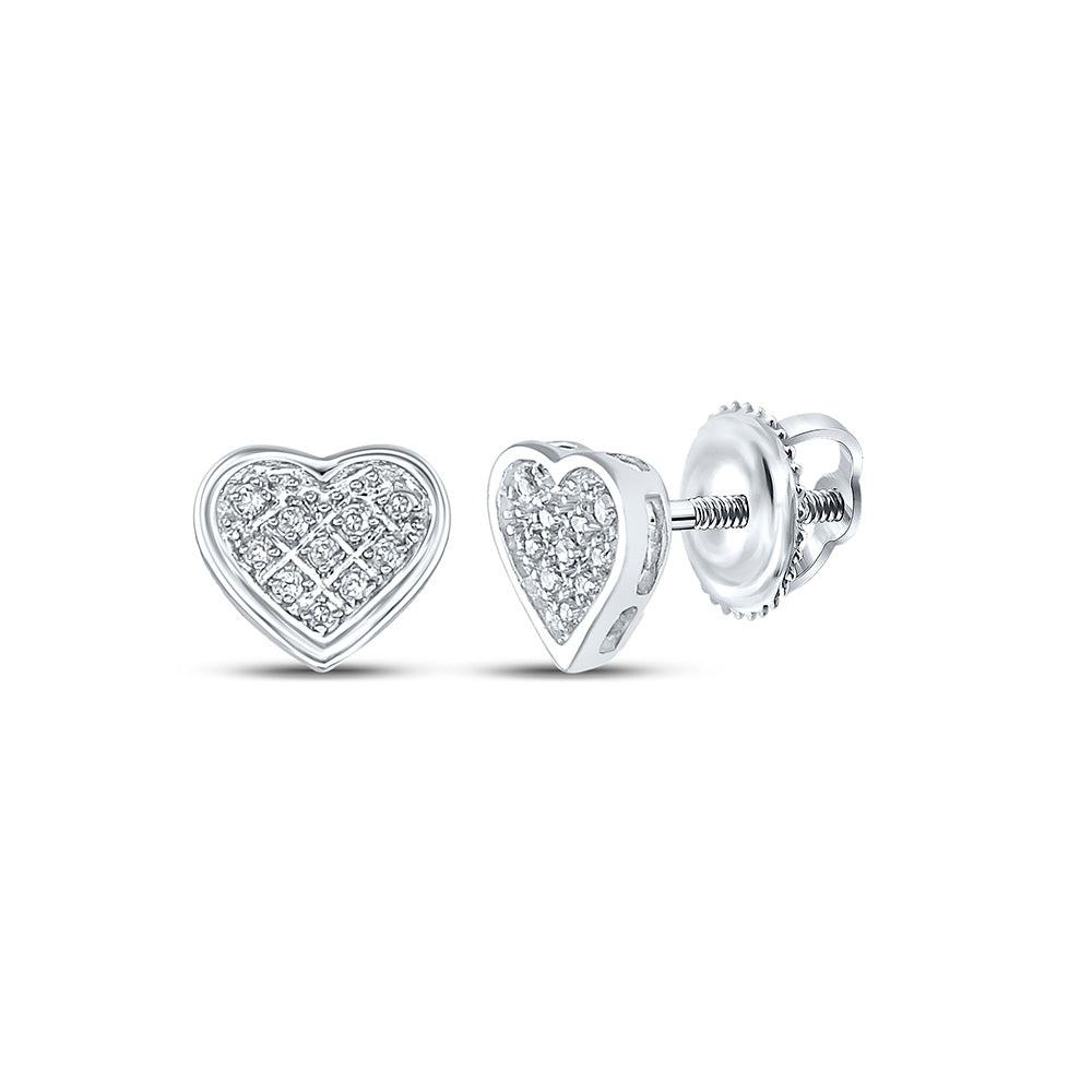 Sterling Silver Womens Round Diamond Heart Earrings 1/20 Cttw