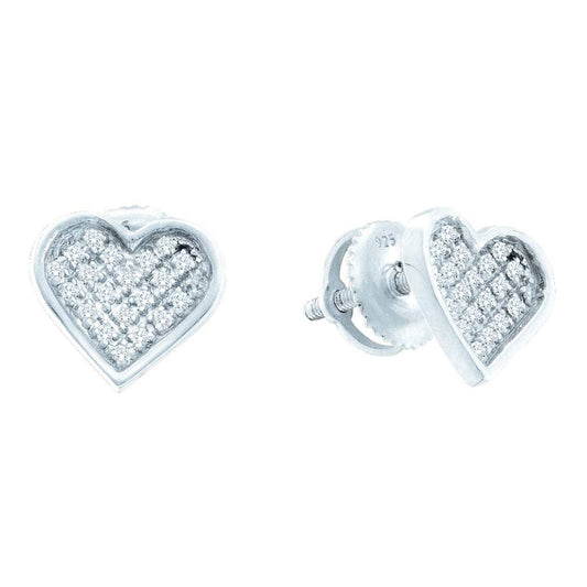 Sterling Silver Womens Round Diamond Heart Earrings 1/10 Cttw