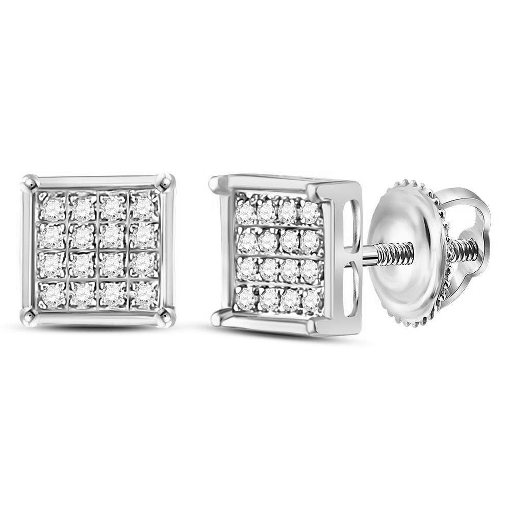 Sterling Silver Womens Round Diamond Square Cluster Earrings 1/10 Cttw