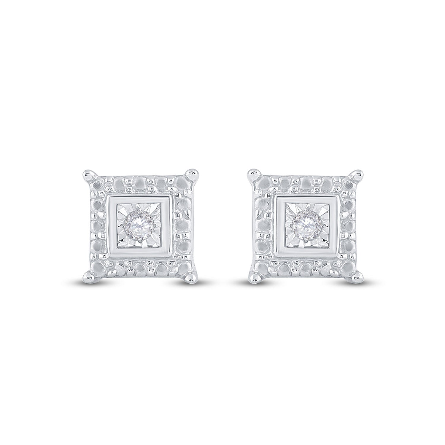 Sterling Silver Womens Round Diamond Square Earrings 1/20 Cttw