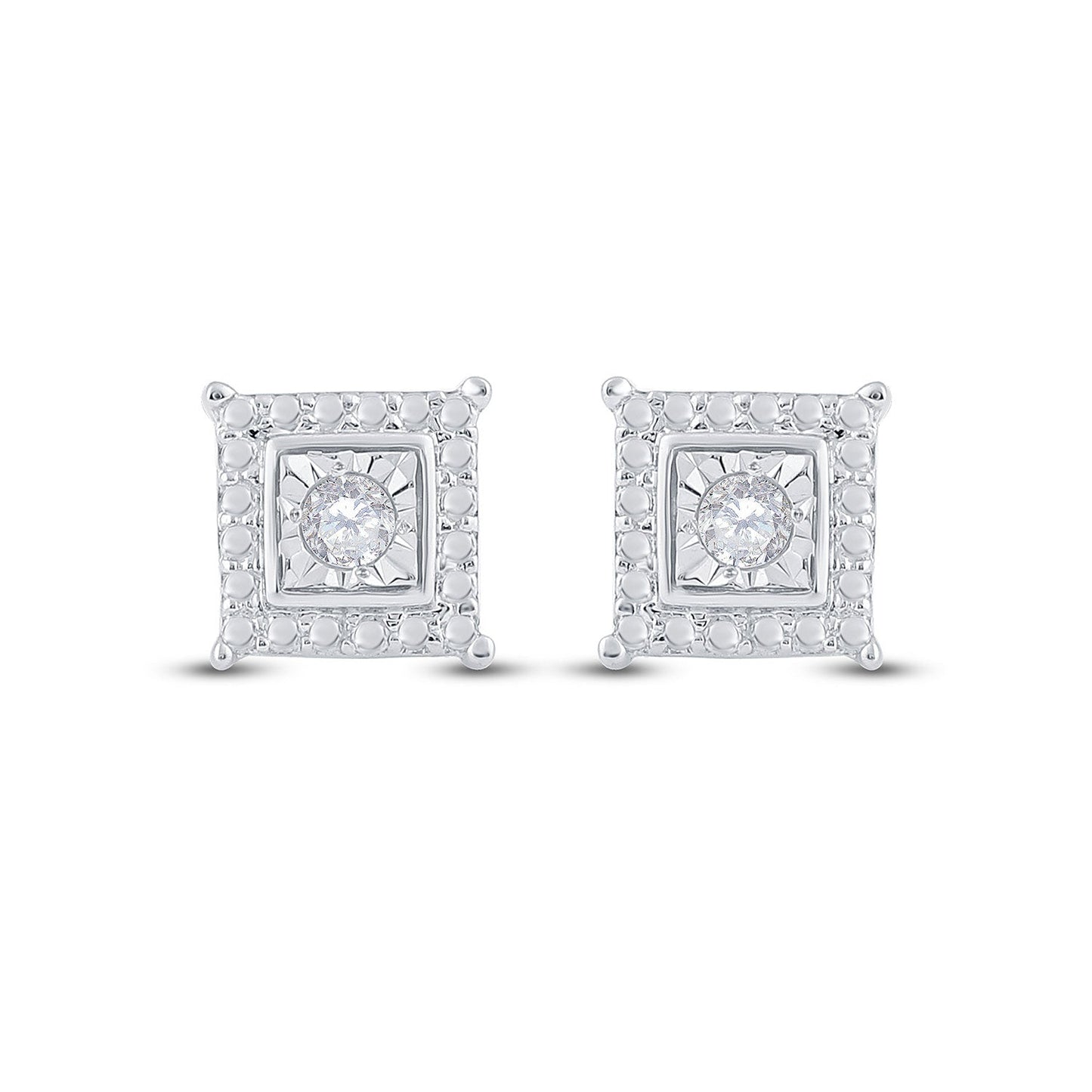 Sterling Silver Womens Round Diamond Solitaire Square Stud Earrings 1/10 Cttw