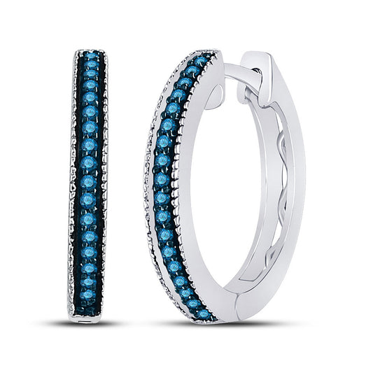 Sterling Silver Womens Round Blue Color Enhanced Diamond Single Row Hoop Earrings 1/10 Cttw